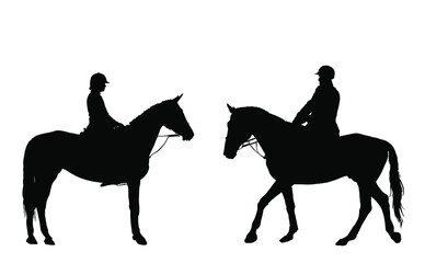 Jockey couple woman and man riding elegant racing horse vector silhouette illustration isolated white. Hippodrome female sport event. Jet set entertainment. Equestrian rider lady jumping over barrier.