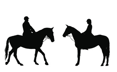 Obraz na płótnie Canvas Jockey couple woman and man riding elegant racing horse vector silhouette illustration isolated white. Hippodrome female sport event. Jet set entertainment. Equestrian rider lady jumping over barrier.