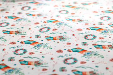 Cloth with Christmas print close-up, festive tablecloth.