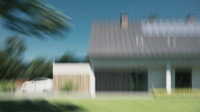 Modern private house with solar panels. Aerial view of residential house. Contemporary house with courtyard and playground. Autonomous private house. 3d animation