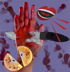 Drawing of a hand injured by a knife. Topic: Compliance with safety rules when preparing food. - obrazy, fototapety, plakaty