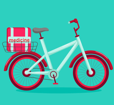 Image of a bicycle with a box with medical products for medicine delivery. Online delivery service. Bright illustration in red and turquoise colors. Vector illustration