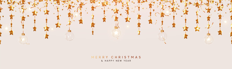 Christmas golden decoration. Gold stars, glitters confetti, hanging glass bauble balls. Vector illustration - obrazy, fototapety, plakaty