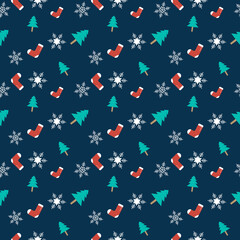 Christmas theme seamless repeat pattern created with elements like Christmas tree, socks and snowflakes, Hand drawn vector repeat pattern for textile, fabric, gift wrapper, packaging and web backdrop.