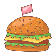 Cheeseburger or hamburger, burger, hand-drawn, isolated on a white background, icon
