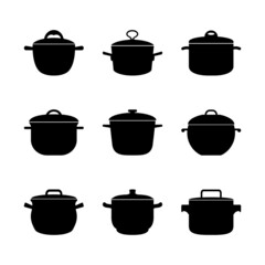 Pots with lids for cooking the first dishes are black on a white background.