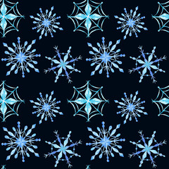 Fototapeta na wymiar Hand drawn watercolor seamless pattern with blue snowflake. Winter illustration.