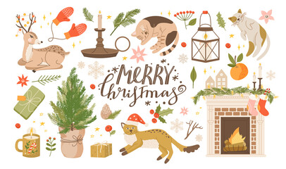 Christmas and New Year collection of hygge cozy holidays elements and decorations. Lovely vector illustrations for winter holidays postcard, invitation, packaging, sticker etc.