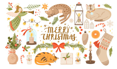 Christmas and New Year collection of hygge cozy holidays elements and decorations. Lovely vector illustrations for winter holidays postcard, invitation, packaging, sticker etc.