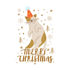 Christmas cute cat with holiday hat. Happy New Year template card with cat, abstract elements and lettering. Lovely vector illustrations for winter holidays postcard, invitation etc.