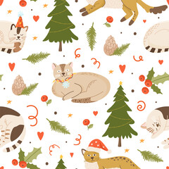 Merry Christmas and Happy New Year seamless pattern with cute cats and floral elements. Lovely vector for winter holidays postcard, invitation, wrapping paper; packaging etc.