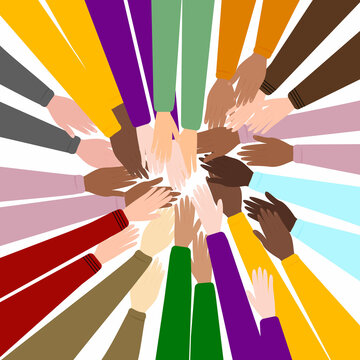 unity of peoples and traditions. The hands of people of different nationalities are arranged in a circle touching each other. Vector illustration in a flat style