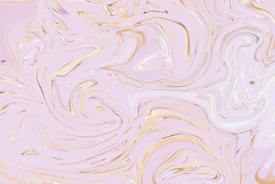 Abstract liquid pink pattern with golden waves and swirls. Light pastel pink fluid art background. For invitations, wall floor tiles, wallpapers, posters.