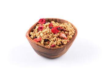 Muesli oat cereals close up background with dry fruits