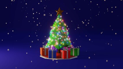 3D render. artoon hristmas tree and gift box with falling snow on blue background. Christmas tree flasher