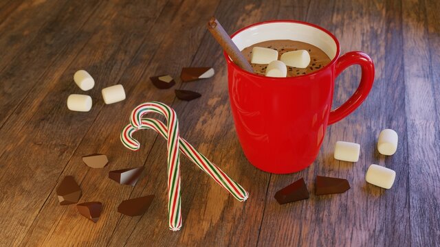 3d render. Hot cocoa with marshmallows, cinnamon and candy canes. Classic comfort food for cold weather and holiday season. Winter drink