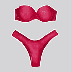 Vector sticker with a white rim with a fashionable womens bright pink swimsuit