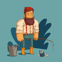 Huge fisher. Sketchy vector illustration of kind bearded fisherman wearing a shirt and trousers with suspenders, holding a fishing tackle, standing near the ice hole with a fish looking out of it