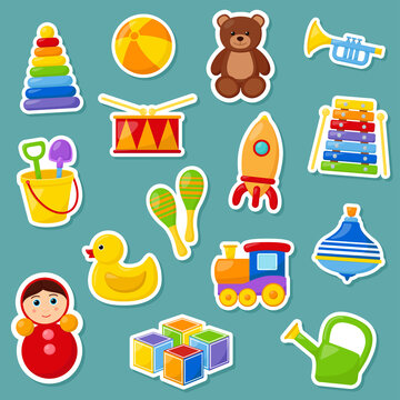 Kid toys. Set of stickers, vector illustration