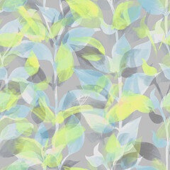 Seamless pattern of green, blue leaves. Simple botanical illustration. Background for blog, decoration. Design for wallpapers, textiles, fabrics.