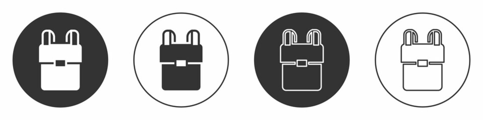Black School backpack icon isolated on white background. Circle button. Vector