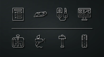 Set line Car inspection, Gear shifter, Diagnostics condition of car, Hammer, Paint spray gun, headlight, tire wheel and key with remote icon. Vector