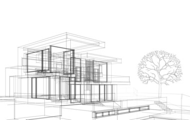 House project architecture drawing 3d illustration