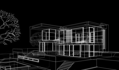 House project architecture drawing 3d illustration