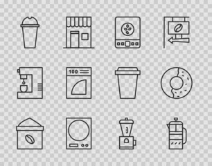 Set line Bag of coffee beans, French press, Electronic scales, Milkshake, Coffee paper filter, Electric grinder and Donut with sweet glaze icon. Vector