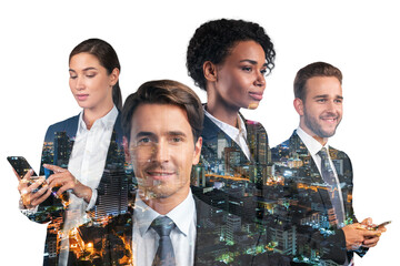 Fototapeta premium Group of four business people in suits using phones, pensively thinking. Asia corporate lifestyle, communication of diverse young professionals. Night Bangkok city view. Double exposure