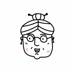 Obraz na płótnie Canvas Doodle elderly woman face. Hand-drawn human isolated on white background. Funny grandma with glasses. Cartoon grandmother. Female portrait. Hairstyle, cheeks, positive emotions. Vector illustration