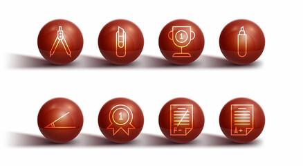 Set line Drawing compass, Acute angle, Marker pen, Exam paper with incorrect answers, Medal, Stationery knife, sheet plus grade and Award cup icon. Vector