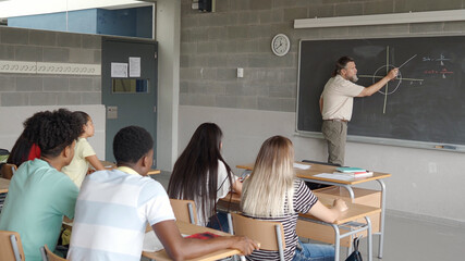 Male math teacher explaining in class to a group of multiethnic teenage students 