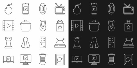 Set line Picture landscape, Needle bed needles, Paper shopping bag, American Football ball, Cooking pot, Play Video, Bomb ready to explode and Kettlebell icon. Vector