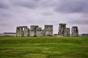 Fototapeta na wymiar Stonehenge prehistoric monument on Salisbury Plain in Wiltshire, England, United Kingdom, September 13, 2021. A ring circle of henge megalithic stones, heel stone, bluestone trilithons, UK.