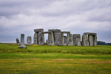 Fototapeta na wymiar Stonehenge prehistoric monument on Salisbury Plain in Wiltshire, England, United Kingdom, September 13, 2021. A ring circle of henge megalithic stones, heel stone, bluestone trilithons, UK.