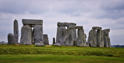 Stonehenge prehistoric monument on Salisbury Plain in Wiltshire, England, United Kingdom, September 13, 2021. A ring circle of henge megalithic stones, heel stone, bluestone trilithons, UK.