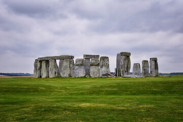 Stonehenge prehistoric monument on Salisbury Plain in Wiltshire, England, United Kingdom, September 13, 2021. A ring circle of henge megalithic stones, heel stone, bluestone trilithons, UK.