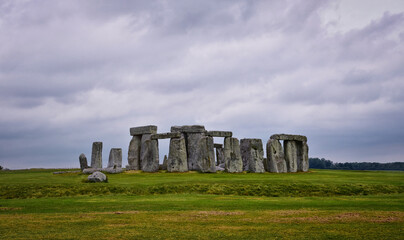 Stonehenge prehistoric monument on Salisbury Plain in Wiltshire, England, United Kingdom, September 13, 2021. A ring circle of henge megalithic stones, heel stone, bluestone trilithons, UK.