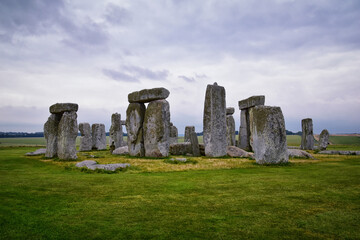 Obraz na płótnie Canvas Stonehenge prehistoric monument on Salisbury Plain in Wiltshire, England, United Kingdom, September 13, 2021. A ring circle of henge megalithic stones, heel stone, bluestone trilithons, UK.