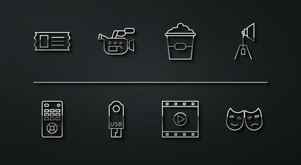 Set line Cinema ticket, Remote control, Movie spotlight, Play Video, USB flash drive, camera, Comedy and tragedy masks and Popcorn box icon. Vector