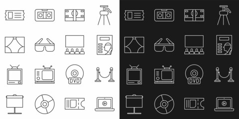Set line Online play video, Rope barrier, Cinema poster, Stacks paper money cash, 3D cinema glasses, Curtain, ticket and auditorium with screen icon. Vector
