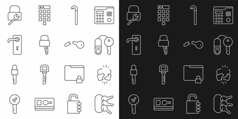 Set line Bunch of keys, Broken or cracked lock, House with, Crowbar, Lock picks for picking, Door handle, repair and icon. Vector