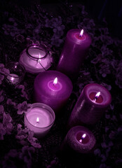 candle burn black background light a lot violet velvet purple blue