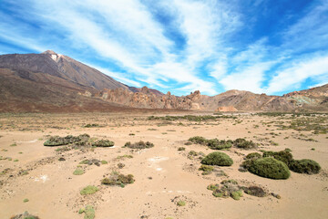 Mount Teide and Roques de Garcia. Teide National Park, Tenerife, Canary Islands, Spain. Drone...