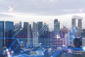 Fototapeta na wymiar Technology hologram over panorama city view of Singapore. The largest tech hub in Asia. The concept of developing coding and high-tech science. Double exposure.