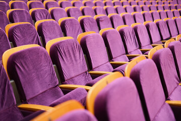 Obraz premium Upholstered chairs in an empty concert hall. Pandemic