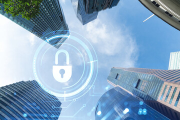 Hologram padlock icons symbolize the business protection in Asia over low angle shot of Singapore skyscrapers. The concept of information security shields. Double exposure.