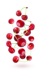 Obraz na płótnie Canvas Cherry isolated on white background, fresh cherry with stems and leaves, berry collection. Natural food