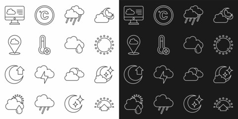 Set line Sunrise, Cloud with moon, rain, Meteorology thermometer, Location cloud, Weather forecast and icon. Vector